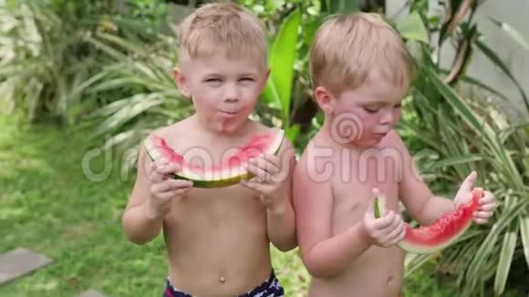 两个小男孩在度假时吃西瓜夏天男孩在院子里吃西瓜视频的预览图