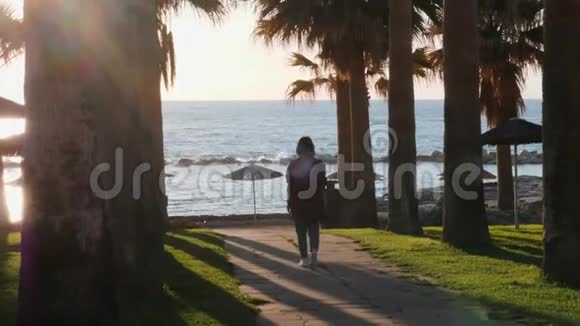 穿着休闲装去海滩的年轻女孩布鲁内特女士步行去海滩女孩用手掌沿着旅游区散步女人走路视频的预览图