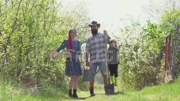 家庭农民概念家庭幸福幸福的家庭农民在春天的田野上和土豆泥一起工作生态度假村活动视频的预览图
