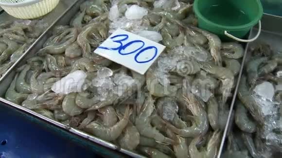 在潮湿的市场上不同大小的虾在冰上视频的预览图