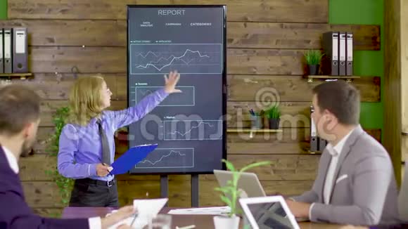 一个会议室里的女性在电视屏幕上显示统计数据视频的预览图