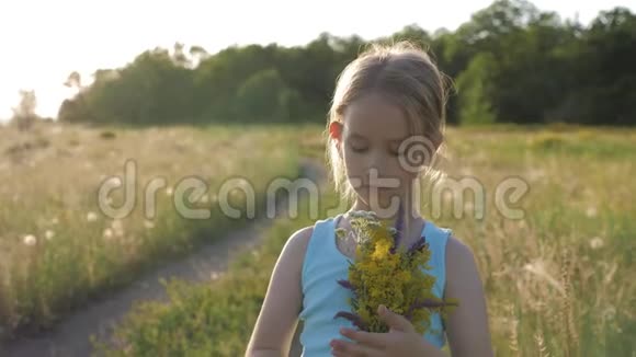 可爱的小女孩跑在草地上穿着花的颜色无忧无虑的童年小女孩在夏天玩耍视频的预览图