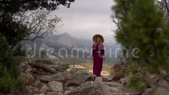 一个穿着紫色长裙的漂亮女孩走在山景的背景下视频的预览图