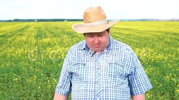 农夫站在田野里摇着头在阳光明媚的日子里说是的视频的预览图