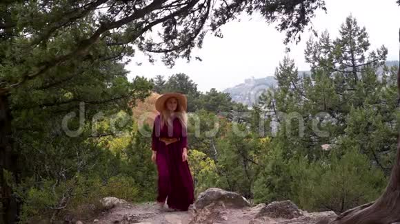 一个穿着紫色长裙的漂亮女孩走在山景的背景下视频的预览图