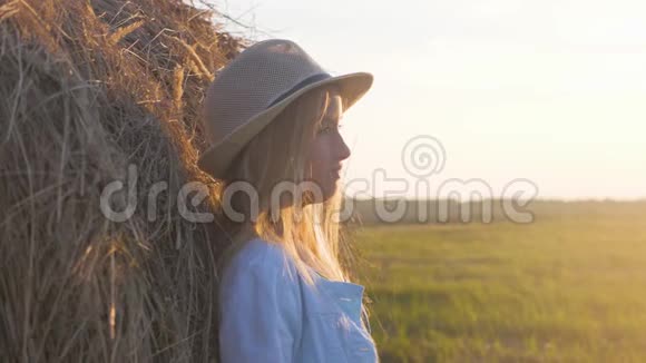 干草堆上的女孩在阳光下享受大自然视频的预览图