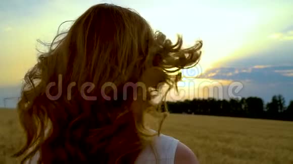 风在夕阳下搅动浪漫女孩的红发视频的预览图