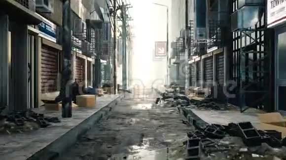 一座废弃的后天启城市镜头飞过空荡荡的破城世界末日后被遗弃的街道视频的预览图