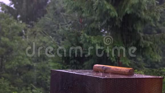 大雨落在绿树背景下视频的预览图