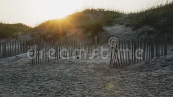 夏日的夕阳落在沙滩上的沙丘后面视频的预览图