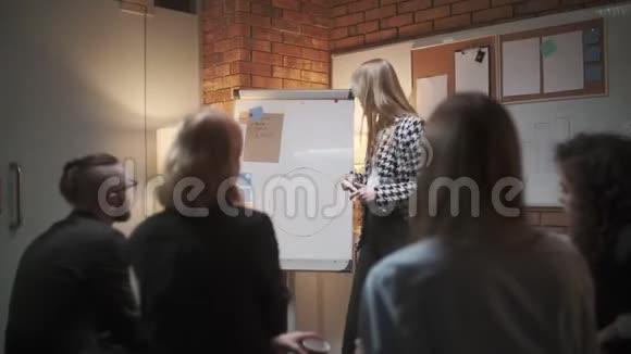 女经理在会议上向同事介绍新的项目计划并向办公室同事解释有关挂图的想法视频的预览图
