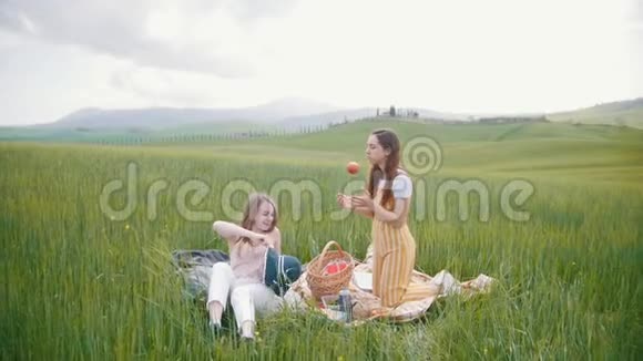 两个年轻迷人的女人坐在绿色的田野上玩得很开心视频的预览图