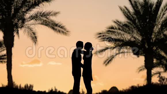 在棕榈树日落时亲吻剪影视频的预览图