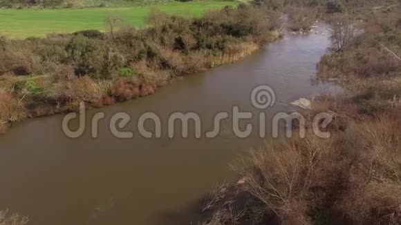 用无人驾驶飞机俯瞰撒丁岛的湖泊和科希纳斯河周围是树木和农田视频的预览图