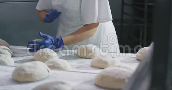 在一家大面包厂工作面包师准备在烤箱机器里烤面团缓慢的动作视频的预览图