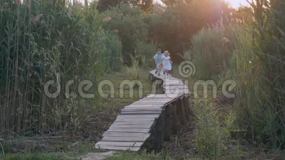 儿童娱乐可爱的儿童朋友男孩和女孩玩追赶和运行在木桥之间的绿色植被视频的预览图