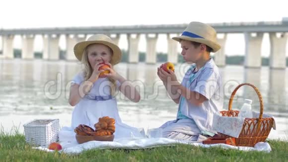 大自然中的孩子们饥饿的可爱的戴草帽的小男孩和女孩在大自然中野餐时吃苹果在河边休息视频的预览图