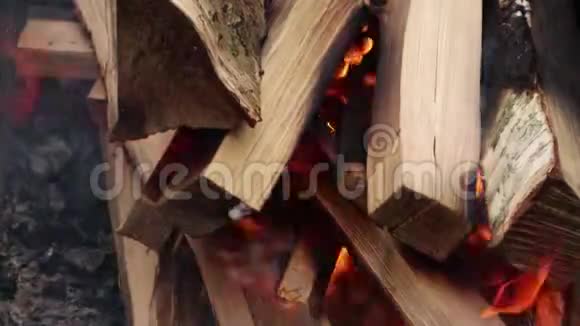 用火焰和烟雾打开火和木柴视频的预览图