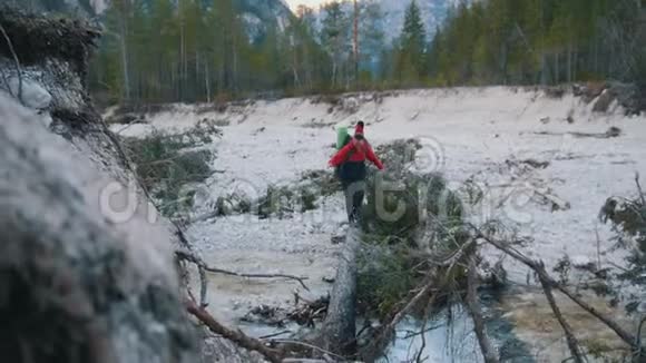 一对年轻的男女在森林的背景上背着背包和吉他穿过岩石河的原木视频的预览图