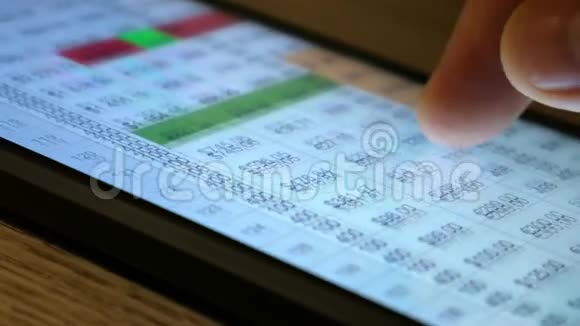手指配合手机触屏工作与金融经济表格合作概念表财务货币cl视频的预览图