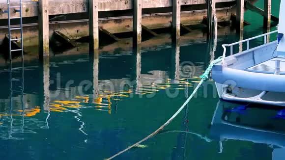 在这段片段中在平静的水中可以看到有梯子的木墩和用绳子系的小船的倒影视频的预览图