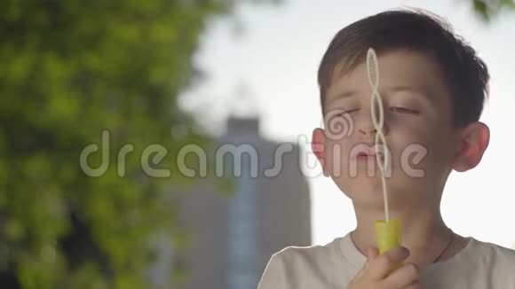 无忧无虑的男孩吹着肥皂泡对着公园里的摄像机微笑的肖像可爱的孩子独处视频的预览图