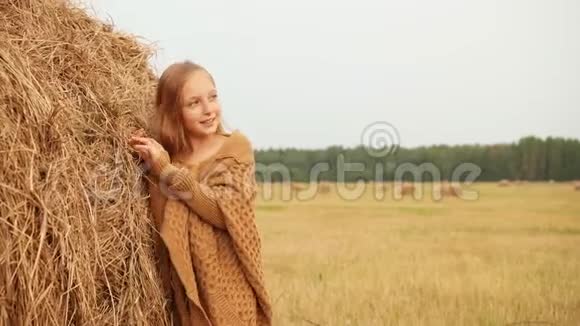 可爱的快乐女孩在田野的干草堆附近摆姿势视频的预览图