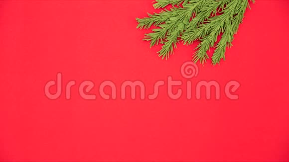 圣诞节平躺停止运动绿色圣诞树枝上有松果红色背景上有纸屑有复制空间视频的预览图