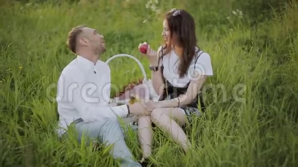 可爱的夫妇坐在公园的草地上吃苹果视频的预览图