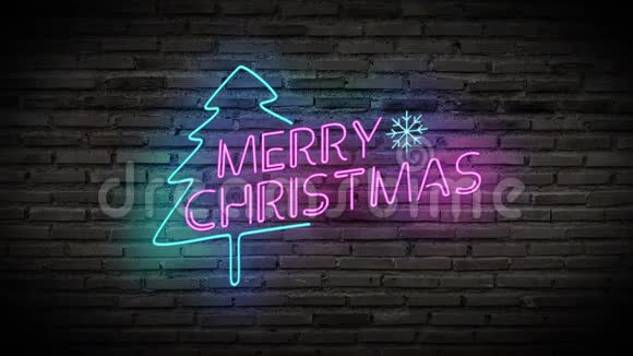 4K圣诞快乐闪亮的霓虹灯标志在黑色砖墙上发光彩色标牌文字圣诞快乐视频的预览图