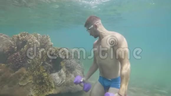 运动员正在水下用哑铃训练用鱼在珊瑚礁附近做手操视频的预览图