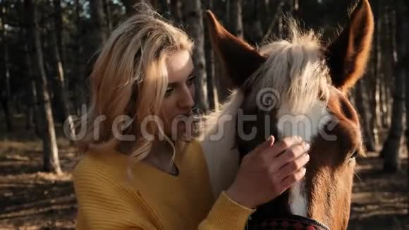 年轻的女士一头漂亮的卷发轻轻地抚摸着马同时在树林的草地上拥抱着他视频的预览图