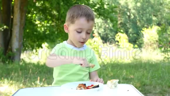 一个孩子在大自然中的旅游餐桌上欢愉地吃着烤肉烤串视频的预览图