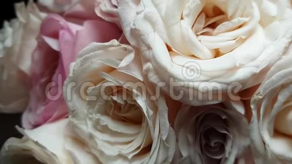 近距离观赏郁郁葱葱的淡彩玫瑰花束新娘花束情人节送给爱人礼物黑色背景视频的预览图
