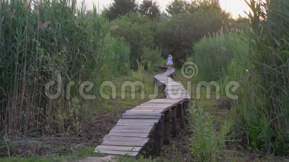 穿着白色连衣裙的快乐活泼的小女孩在绿色的高草中沿着大自然的木桥奔跑视频的预览图