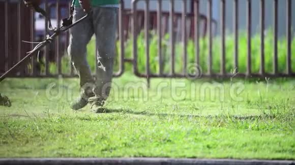 人园丁工作割草机在公园割草慢动作视频的预览图