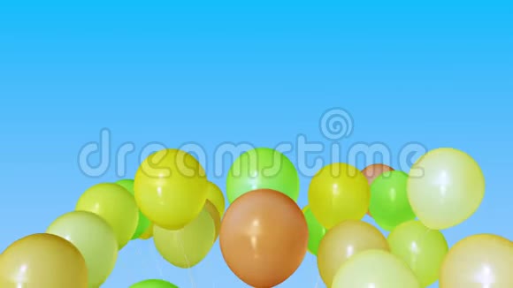 一堆橙色和绿色的氦气球3D动动画视频的预览图