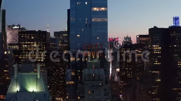 阿里亚在纽约市中心公园关闭埃塞克斯大厦曼哈顿天际线闪烁的城市灯光视频的预览图