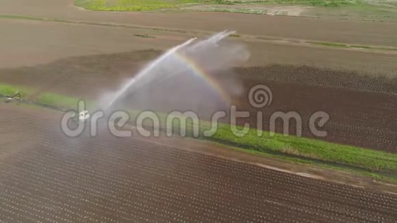 农田灌溉系统一大股水流灌溉田地一辆拖拉机在田里浇水视频的预览图