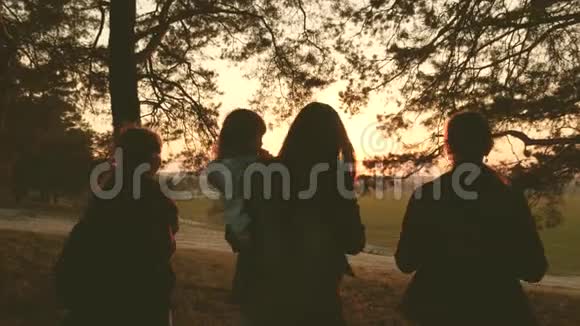 女人旅行穿过森林欣赏日落时的风景徒步旅行者女孩旅行者妈妈和女儿一起旅行视频的预览图