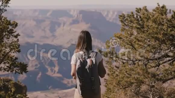 快乐美丽的年轻女子带着背包走上令人惊叹的夏季景观风景大峡谷慢动作视频的预览图