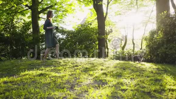 女人和猫在森林里散步视频的预览图