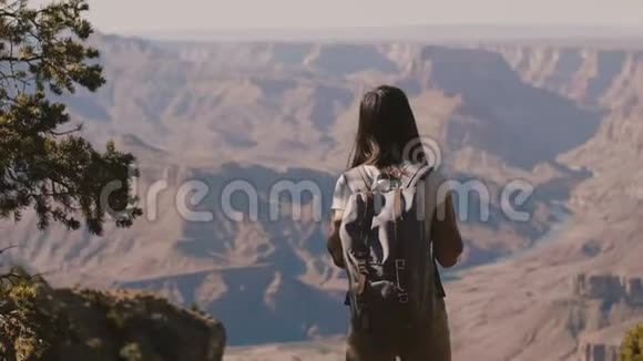 慢镜头后看快乐年轻的女游客徒步旅行观看史诗般的大峡谷山景张开双臂视频的预览图