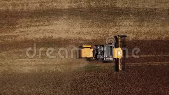 在联合收割机农业机械的上方收割谷物的机器视频的预览图