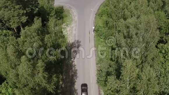 黑色汽车在乡村道路上行驶在夏季森林景观上倒车视频的预览图