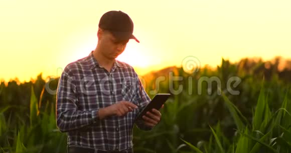 农夫用平板电脑阅读或分析一份报告上面写着阳光下的老式色调视频的预览图