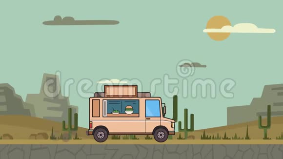 动画食品卡车穿越峡谷沙漠移动车辆的景观背景平面动画视频的预览图