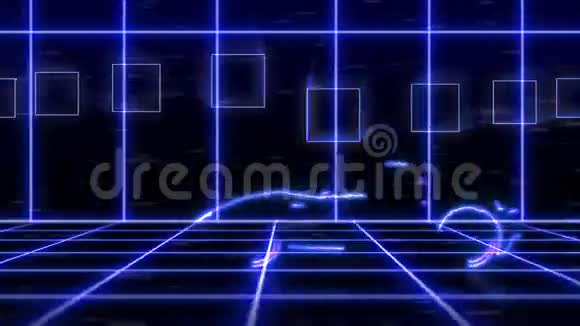 未来城市背景场景中用光束线框制作的蓝色未来主义超级汽车抽象动画视频的预览图