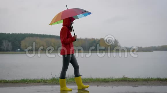 穿着黄色靴子的女人和一支雨伞穿过秋天的水坑视频的预览图