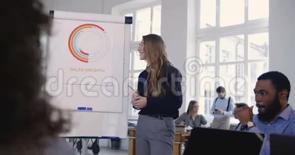 积极的年轻商务女性导师教导多民族的伙伴分享在现代阁楼办公室微笑的经验视频的预览图